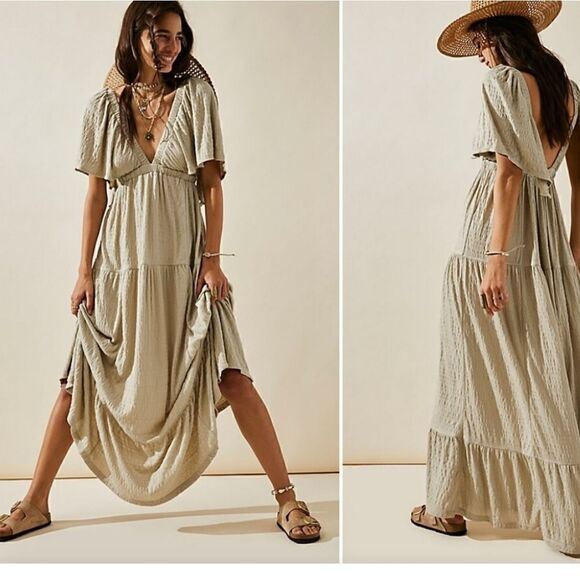 Summer V-Neck, Tiered Silhouette with Flutter Sleeves Maxi Dress - Picture 1 of 13